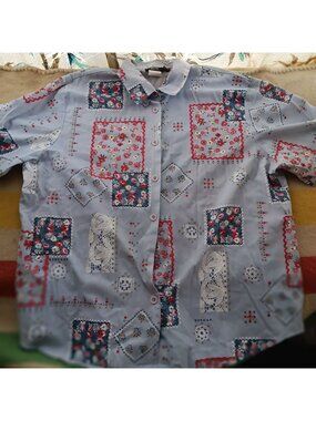 Vintage Women's XL Cottage Granny Shirt Top Button-Up Patchwork Design USA